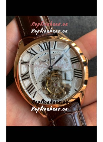 Drive De Cartier Yellow Gold Tourbillon Super clone Replica Watch in White Dial 