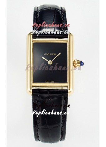 Tank Must Cartier Super Clone Edition 29MM Watch in Yellow Gold Casing Black Dial 