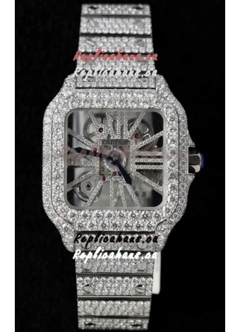 Santos De Cartier Watch in Skeleton Dial - MOSSANITES Paved Edition Swiss Replica Watch