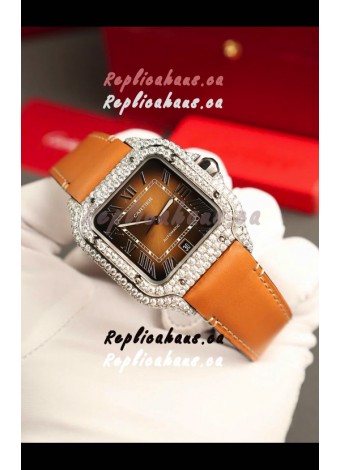 Santos De Cartier Watch in Brown Dial 39.50MM MOSSANITES Paved Bezel Swiss Replica Watch