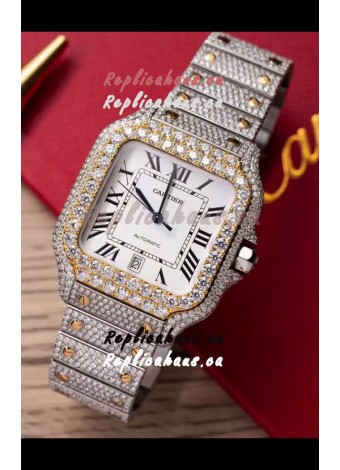 Santos De Cartier Watch in White Dial MOSSANITES Paved Edition Swiss Replica Watch