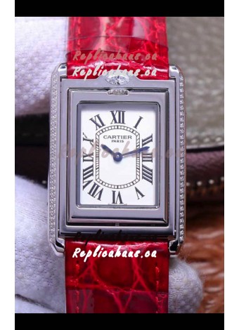 Cartier Tank Reversible Swiss Quartz Replica Watch in Steel Casing - Red Strap