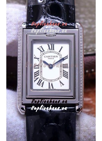 Cartier Tank Reversible Swiss Quartz Replica Watch in Steel Casing - Black Strap