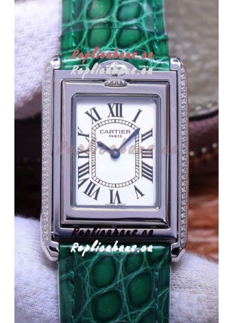 Cartier Tank Reversible Swiss Quartz Replica Watch in Steel Casing - Green Strap