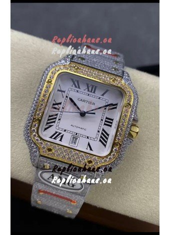 Cartier "Santos De Cartier" Two Tone White Dial 1:1 Mirror Replica - 40MM - Genuine Diamonds