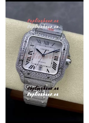 Cartier "Santos De Cartier" 904L Steel White Dial 1:1 Mirror Replica - 40MM - Genuine Diamonds