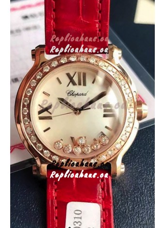 Chopard Happy Rose Gold Swiss Quartz Watch 1:1 Mirror Replica - Genuine Diamonds 