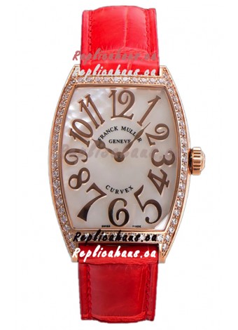 Franck Muller Cintree Curvex Mother of Pearl Dial Watch in Rose Gold Plating - Red Strap 
