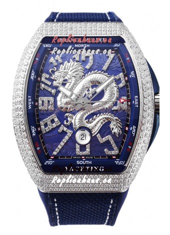 Franck Muller Vanguard Yachting Dragon V45 Blue Dial in Diamonds Bezel Swiss Replica