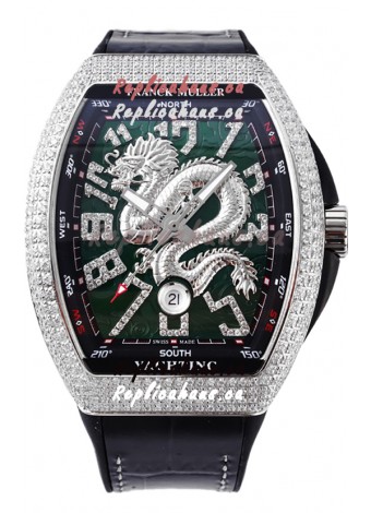 Franck Muller Vanguard Yachting Dragon V45 Green Dial in Diamonds Bezel Swiss Replica