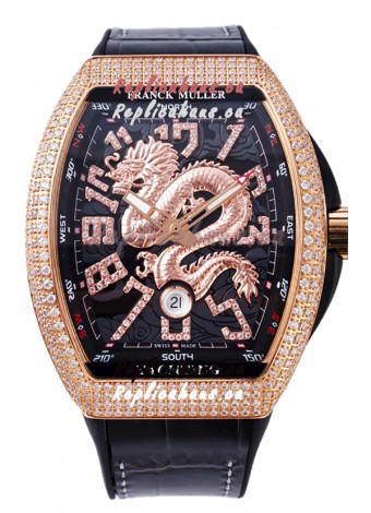 Franck Muller Vanguard Yachting Dragon V45 Black Dial in Gold Diamonds Bezel Swiss Replica