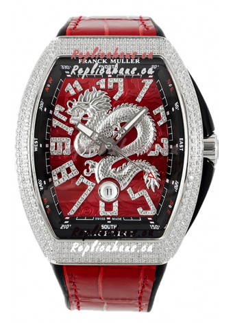Franck Muller Vanguard Yachting Dragon V45 Red Dial in Gold Diamonds Bezel Swiss Replica