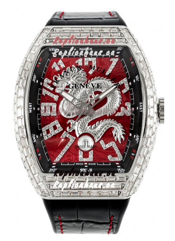 Franck Muller Vanguard Yachting Dragon V45 Red Dial in Square Diamonds Bezel Swiss Replica