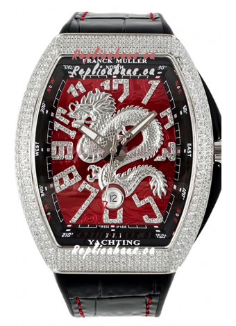 Franck Muller Vanguard Yachting Dragon V45 Red Dial in Rounded Diamonds Bezel Swiss Replica