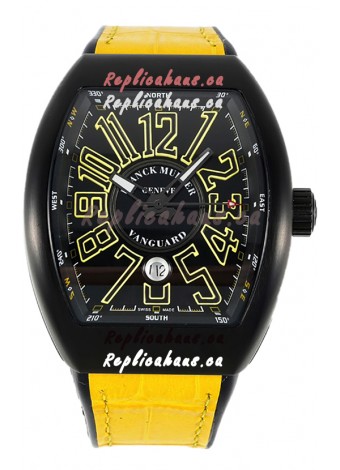 Franck Muller Vanguard in DLC Coated Casing Black Dial Swiss Replica Yellow Strap 