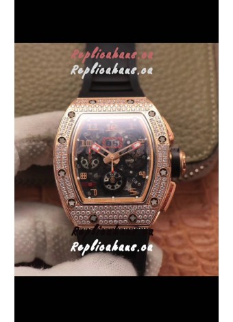 Richard Mille RM011 Felipe Massa 1:1 Mirror Quality One Piece Black Ceramic Rose Gold Diamonds Watch 