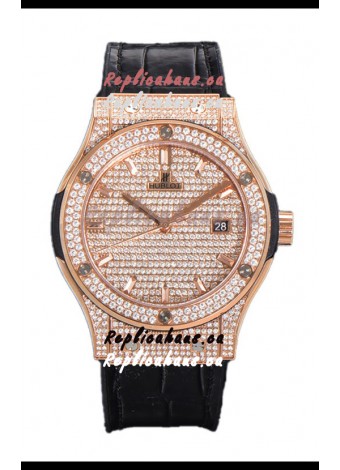 Hublot Classic Fusion Automatic Rose Gold Diamonds Paved Dial Grey Strap 42MM Superclone Replica Watch 