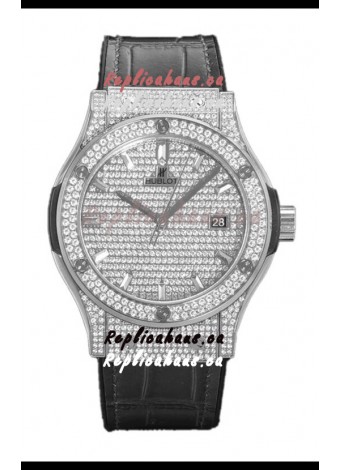 Hublot Classic Fusion Automatic Steel Diamonds Paved Dial Grey Strap 42MM Superclone Replica Watch 
