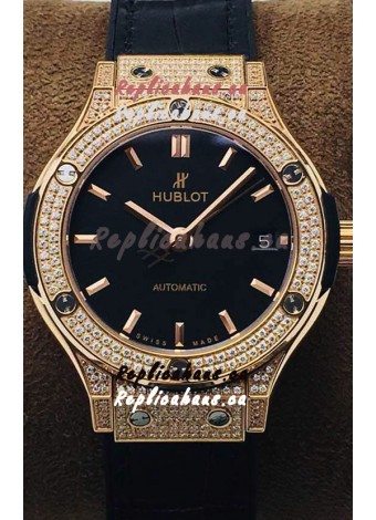 Hublot Classic Fusion Diamonds Rose Gold Black Dial 38MM Swiss Replica Watch 1:1 Mirror Quality