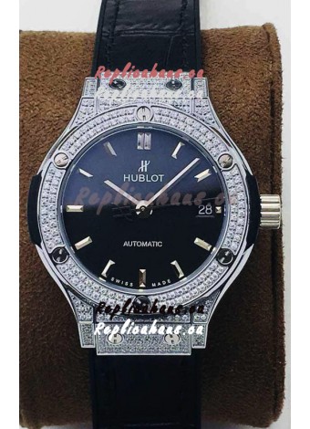 Hublot Classic Fusion Diamonds Steel Black Dial 38MM Swiss Replica Watch 1:1 Mirror Quality