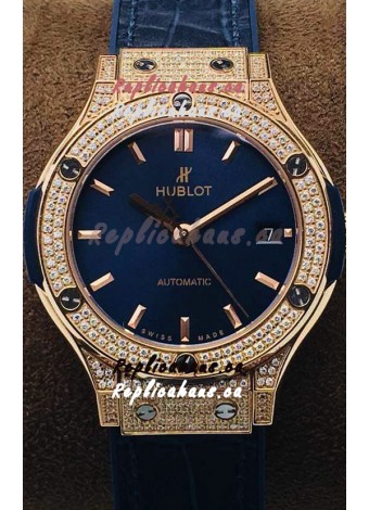 Hublot Classic Fusion Diamonds Rose Gold Blue Dial 38MM Swiss Replica Watch 1:1 Mirror Quality