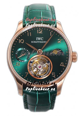 IWC Portugese Hand-Wound Genuine Tourbillon Green Dial Rose Gold Casing Swiss Replica Watch 