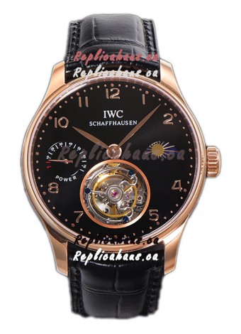 IWC Portugese Hand-Wound Genuine Tourbillon Black Dial Rose Gold Casing Swiss Replica Watch 