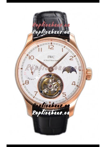 IWC Portugese Hand-Wound Genuine Tourbillon White Dial Rose Gold Casing Swiss Replica Watch 
