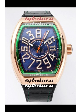 Franck Muller Vanguard Crazy Hours in Rose Gold Plating - Steel Blue Dial Swiss Replica Watch 