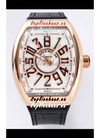 Franck Muller Vanguard Crazy Hours in Rose Gold Plating - White Dial Swiss Replica Watch 