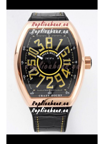Franck Muller Vanguard Crazy Hours in Rose Gold Plating - Black Dial Swiss Replica Watch 