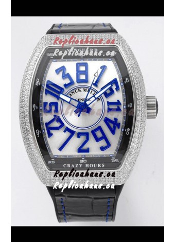 Franck Muller Vanguard Crazy Hours in Stainless Steel Diamonds - White Dial Swiss Replica Watch 