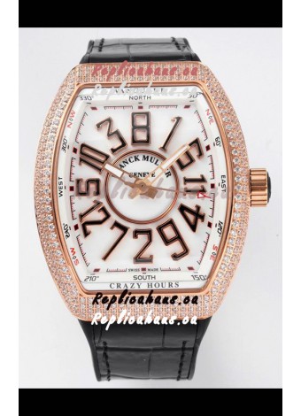 Franck Muller Vanguard Crazy Hours Rose Gold Diamonds - White Dial Swiss Replica Watch 