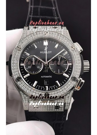 Hublot Classic Fusion Chronograph Steel Diamonds Casing Black Dial 1:1 Mirror Replica Watch 