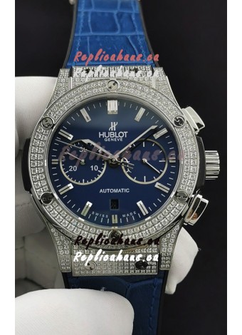 Hublot Classic Fusion Chronograph Steel Diamonds Casing Blue Dial 1:1 Mirror Replica Watch 