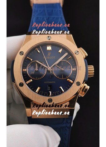 Hublot Classic Fusion Chronograph Rose Gold Casing Blue Dial 1:1 Mirror Replica Watch 