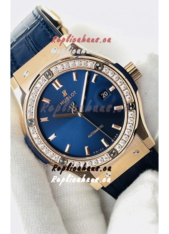Hublot Classic Fusion Rose Gold Steel Blue Dial Swiss Replica Watch 1:1 Mirror Quality 