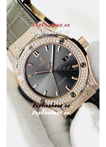 Hublot Classic Fusion Diamonds Rose Gold Grey Dial Swiss Replica Watch 1:1 Mirror Quality 
