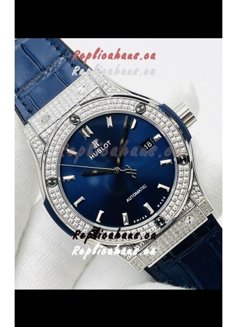 Hublot Classic Fusion Stainless Steel Diamonds Blue Dial Swiss Replica Watch 1:1 Mirror Quality 