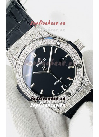 Hublot Classic Fusion Stainless Steel Diamonds Black Dial Swiss Replica Watch 1:1 Mirror Quality 