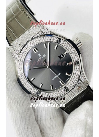 Hublot Classic Fusion Stainless Steel Diamonds Grey Dial Swiss Replica Watch 1:1 Mirror Quality 