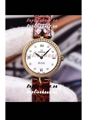 Omega De Ville Prestige Dewdrop Edition Swiss Quartz Watch in Rose Gold Brown Strap