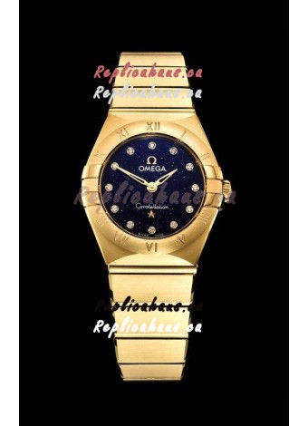 Omega Constellation Ladies Swiss Quartz 1:1 Mirror Replica - Yellow Gold Casing in Black Starry Dial 