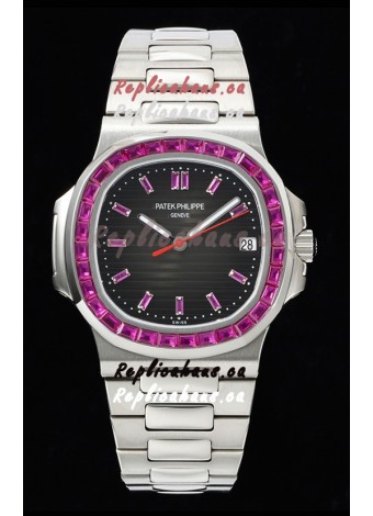 Patek Philippe Nautilus 5711 Black Dial 1:1 Mirror Replica in 904L Steel with Rubies Bezel