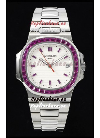 Patek Philippe Nautilus 5711 White Dial 1:1 Mirror Replica in 904L Steel with Rubies Bezel