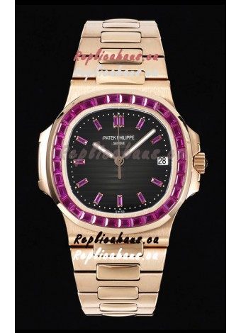 Patek Philippe Nautilus 5711 Black Dial 1:1 Mirror Replica in Rose Gold 904L Steel with Rubies Bezel