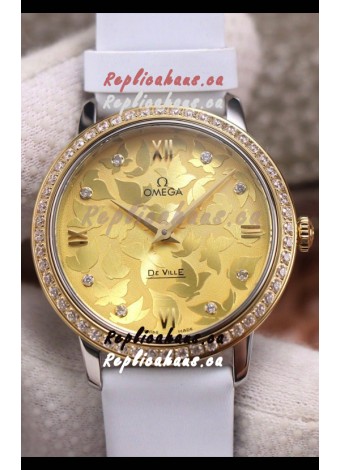 Omega De Ville Floral Dial Swiss Quartz Movement in Two Tone Casing - Gold Dial