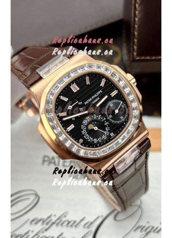 Patek Philippe Nautilus 5712R 1:1 Quality Swiss Replica Watch in Black Dial Brown Strap