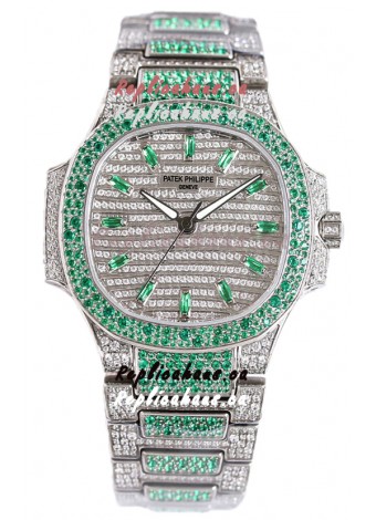 Patek Philippe Nautilus 7118R 35MM 1:1 Green Diamonds Paved Watch in Steel Casing 