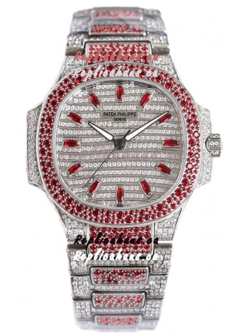 Patek Philippe Nautilus 7118R 35MM 1:1 Red Diamonds Paved Watch in Steel Casing 